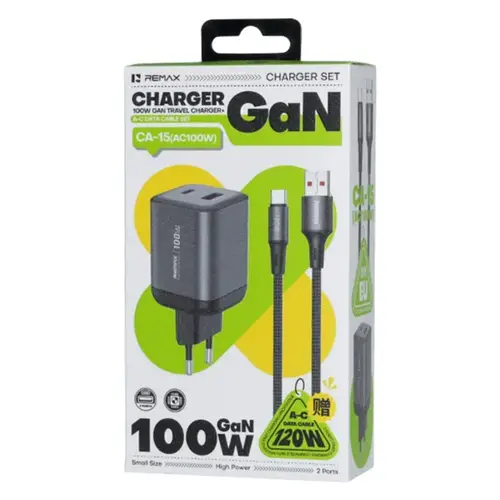 Remax CA-15 (AC100W) 100W GaN Fast Wall Charger – USB-C & USB-A Dual Port with UK Plug 
